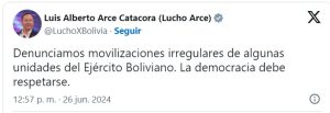 Este fue el mensaje que puso el actual mandatario boliviano, dando a conocer, ``movimientos militares´´ irregulares.